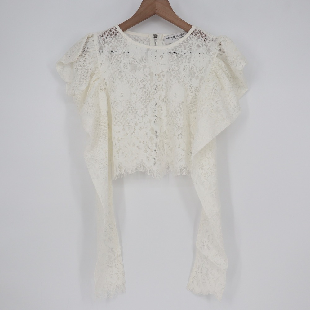 Naked Wardrobe Off White Lace Ruffle Crop Top NWSP20-T21 Small Statement Sleeves - Picture 2 of 6